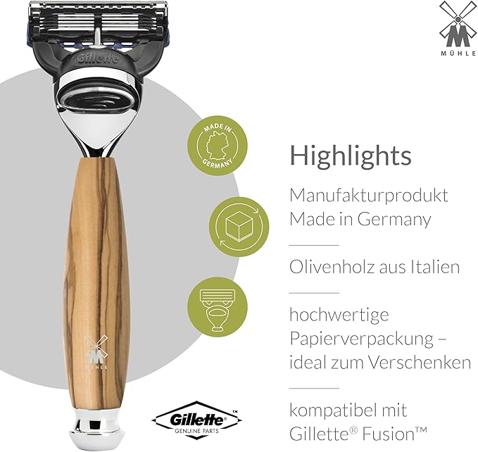 MÜHLE VIVO Olive Wood 3-Piece Black Fibre 5-Blade Razor Shaving Set