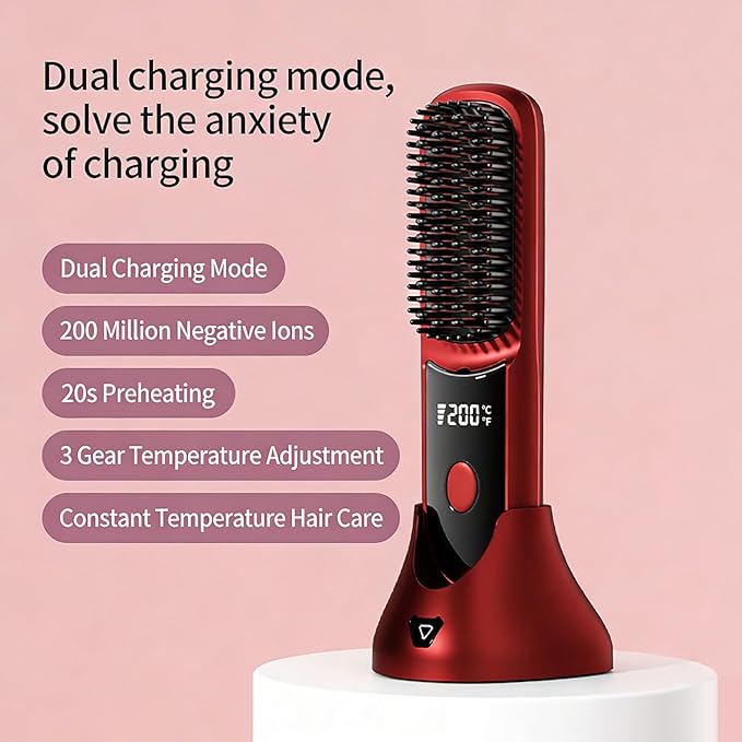 Straightener Brush with Temp Settings Portable Cordless Straightening Comb with Base Negative (02)