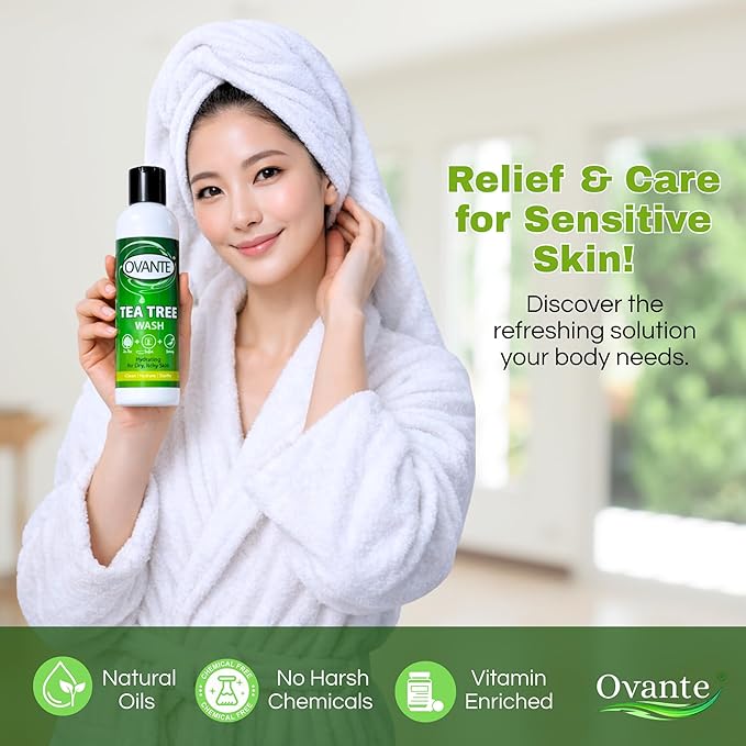 Tea Tree Oil Body Wash – Clarifying &amp Hydrating Shower Gel with Lemongrass &amp Vitamin E | For Itchy Oily Dry &amp Flaky-Looking Skin | Sulfate Free Daily Cleanser - 7 oz