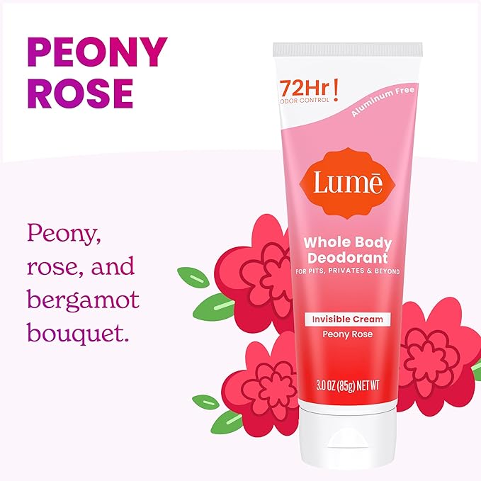 Lume Skin Care Gift Set for Women Whole Body Deodorant Starter Pack - Smooth Solid Stick Invisible Cream Tube Acidified Body Wash Mini &amp Deodorant Wipes - Aluminum Free Odor Control (Peony Rose