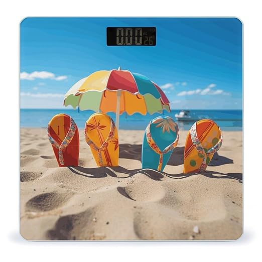 Colorful Flip Flops Beach Ball Scale for Body Weight Safe Rounded Corners Tempered Glass Digital Bathroom Scale LED Display 400lb Capacity Weight Scales with High Precision Sensors