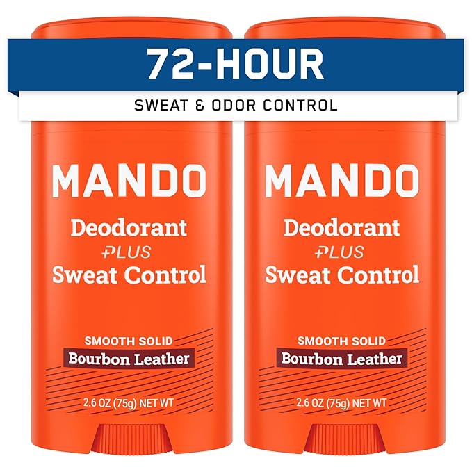 Mando Antiperspirant Deodorant Sweat and Odor Control for Men – Extra Strength Smooth Solid Stick – 72 Hour Performance – Baking Soda Free Skin Safe – 2.6 oz – Bourbon Leather – Pack of 2