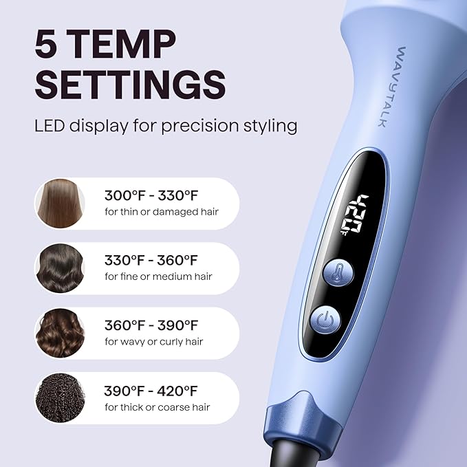 Wavytalk Blowout Boost Thermal Brush 1.5 inch Heated Round Brush for Blowout Look Negative Ion Technology Ceramic Tourmaline 5 Temperature Settings Dual Voltage Blue