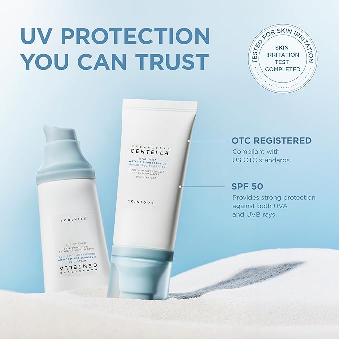 SKIN1004 Centella Hyalu-Cica Water-Fit Sun Serum UV Korean Sunscreen SPF 50 Centella Sunscreen Travel Essentials Sunscreen with Hyaluronic Acid No White Cast Korean Skin Care 1.69 fl.oz / 50ml