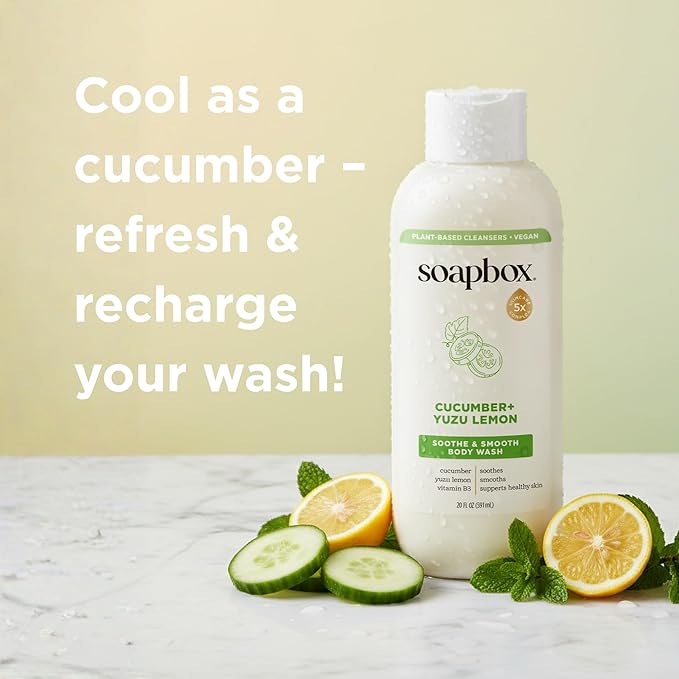 Soapbox Cucumber + Yuzu Lemon Body Wash for Women Men Vegan + Antioxidant Rich Soothing Moisturizing Soap with Shea Butter Peptides &amp Keratin Promoting B3 3 Pack 20oz Each