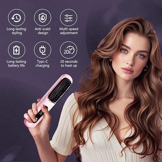 Portable Straightener Brush 2025 New Straight and Curly Dual-Purpose Curling Rod Mini Dual Purpose Curling Iron for Women (Purple)
