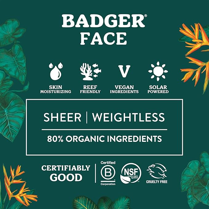 Badger Zinc Oxide Face Sunscreen SPF 30 Lightweight Mineral Sunscreen for Face Matte Finish No White Cast Vegan Water Resistant Unscented Mineral Sunblock Facial Lotion 1.7 fl oz 2-Pack