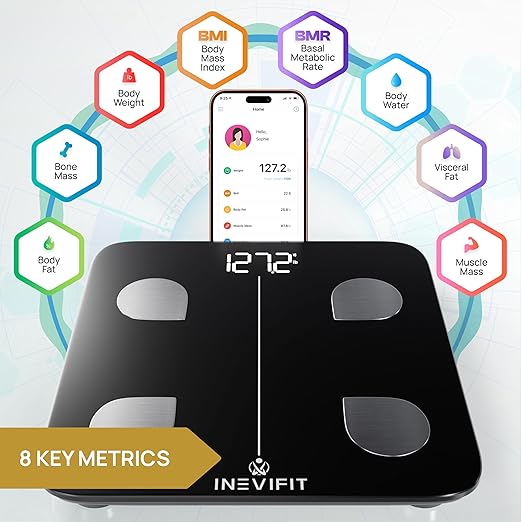 INEVIFIT Smart Body Fat Scale Highly Accurate Bluetooth Digital Bathroom Body Composition Analyzer Measures Weight Body Fat Water Muscle Visceral Fat &amp Bone Mass for Unlimited Users