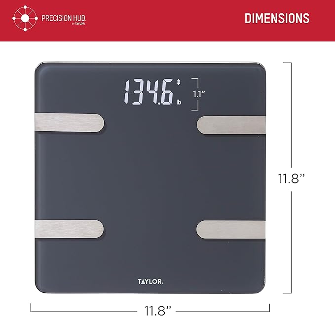 Taylor Smart Body Composition Scale with Precision Hub App for Body Weight with Smart App Connectivity Third Party Sync 400 lb Capacity Durable Glass Platform Charcoal