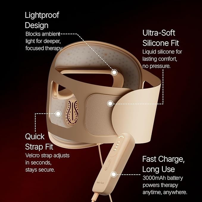 4D Red Light Therapy for Mask 311 LEDs 850nm Infrared Long Light Waves Red Light Therapy for Face Skin Improvement No Light Leakage for 3000mAh Rechargeable Remote Light Khaki