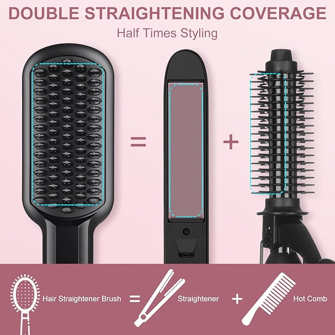 Hair Straightener Brush - SIQUER Ionic Hair Straightening Brush with 13 Temps LCD Display 45s Fast Heating 60mins Auto-Off Anti-Scald Ceramic Hair Straightener Comb for Home Salon Black