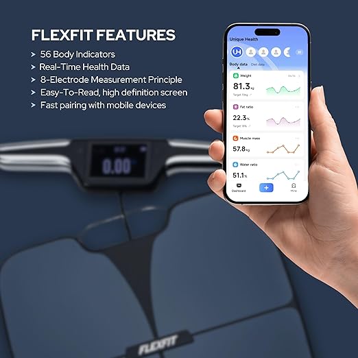 FlexFit Scale for Body Weight and Fat Percentage 8 Electrodes High Precision Digital Scale Accurate Measurement of 56 Body Indicators Bathroom Smart Scales with Large Color Display