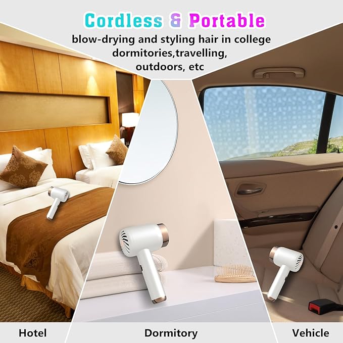 Cordless Hair Dryer for Women with BatteryRechargeable Blow Dryer3 Speed Fast Drying Portable Hair DryersPortable Wireless Hair DryerLow Nois USB Rechargeable Blow Dryer for Travel and Home(White)