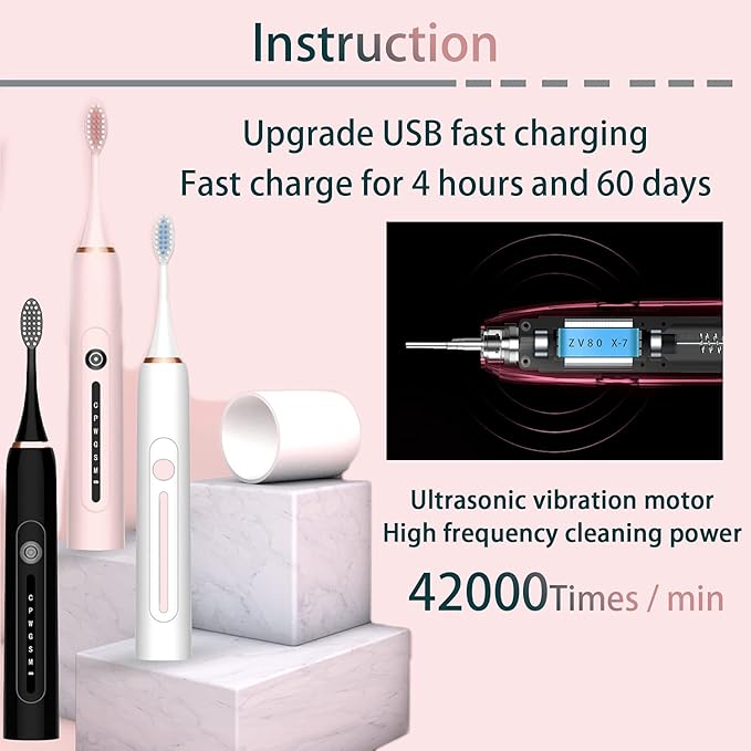 Sonic Electric Toothbrush Low Noise Designed Ideal for Adults Kids 6 Optional Modes IPX7 USB Fast Charging Electric Ultrasonic Toothbrush with 2 min Build in Timer &amp 4 Replacement Brush Heads (Bl