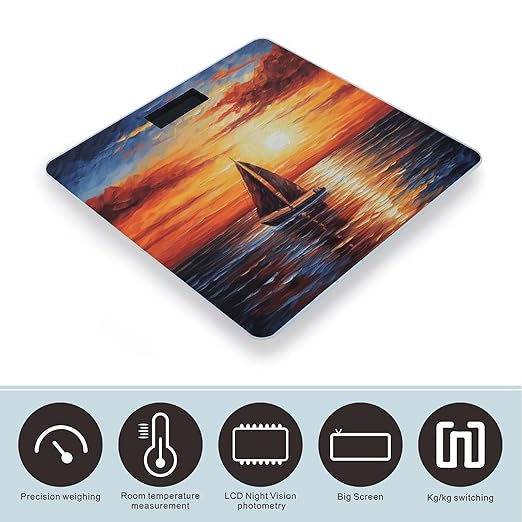 Sunset Sailboat Scale for Body Weight Anti-Slip Tempered Glass Digital Bathroom Scales Clear LCD Display Weighing Scale Safe Rounded Corners Smart Scales