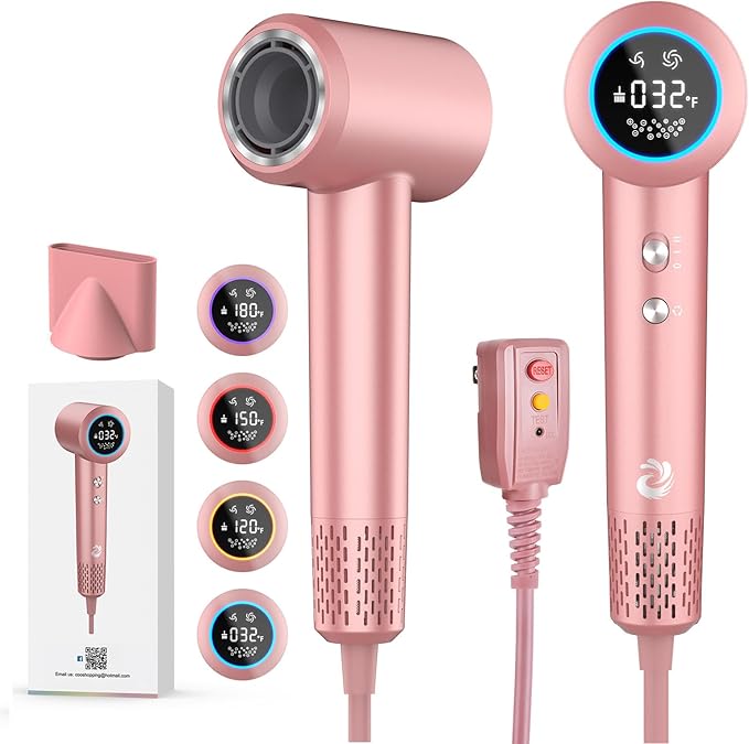 Hair Dryer 1500W High Speed 110000 RPM Blow Dryer with Plasma Tech (Positive+Negative Ionic) LCD Display 5 Modes Thermo-Control Low Noise Fast Drying Hair Dryer for Home or Travel (Rose Gold)