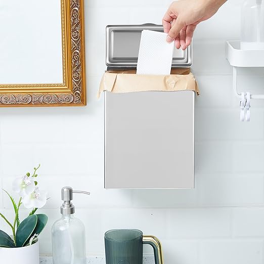 Tioncy 2 Pcs Sanitary Napkin Receptacle with 100 Feminine Hygiene Liner Bag Wall Mounted Tampon Holder for Bathroom Sanitary Napkin Disposal Bags Tampon Disposal Bin for Home Public Restrooms