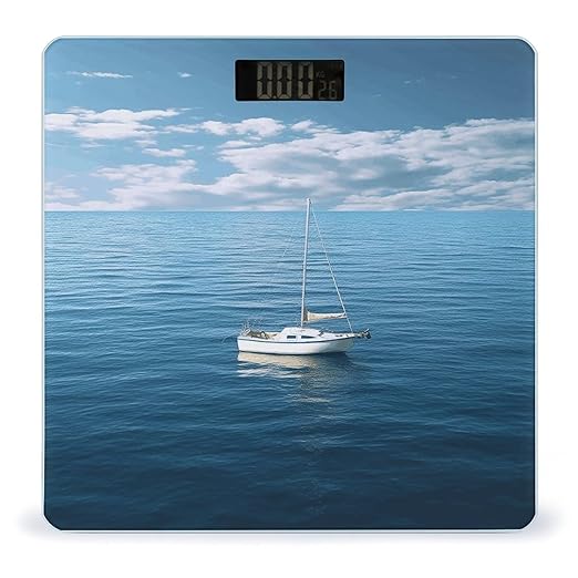 White Boat on Blue Sea Scale for Body Weight Anti-Slip Tempered Glass Digital Bathroom Scales Clear LCD Display Weighing Scale Safe Rounded Corners Smart Scales
