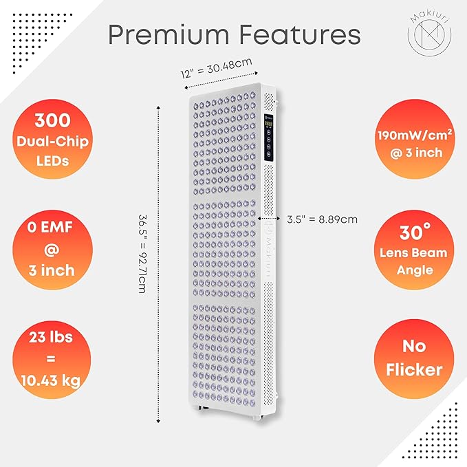 Makiuri Red Light Therapy Panel for Full Body | 630 nm 660nm 810nm 830nm 850nm | Clinical Grade Red &amp Near-Infrared LED Light Therapy (5 Wavelengths) | High Irradiance | Neptune (White 300 LED