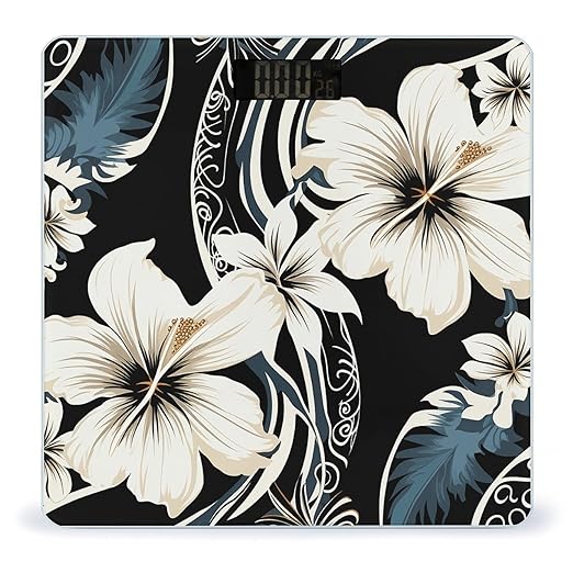 Digital Bathroom Scale for Body Weight Scale with Bright LCD Display High Accuracy Step-On Technology Auto On/Off Black and White Hawaiian Flowers Digital Scales 400 Lbs /180kg
