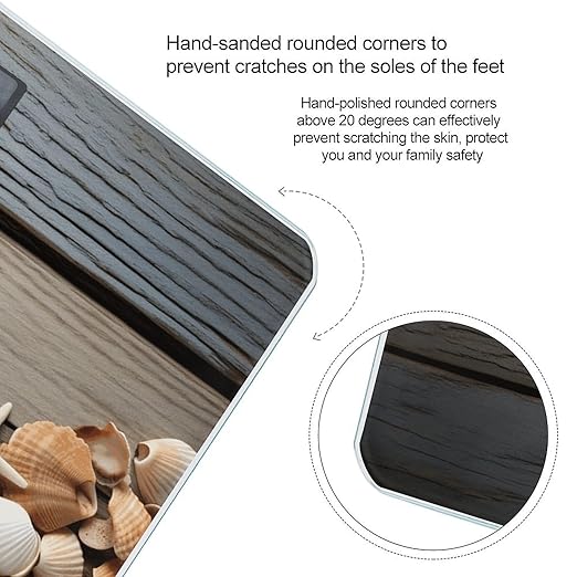 Seashells on Wooden Board Scale for Body Weight Anti-Slip Tempered Glass Digital Bathroom Scales Clear LCD Display Weighing Scale Safe Rounded Corners Smart Scales