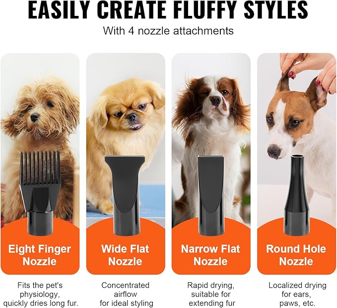 Happybuy Dog Dryer: A 2000W/2.7HP Powerhouse for Pet Grooming. Featuring Adjustable Speed and Temperature Control Along with 4 Nozzles and an Extendable Hose
