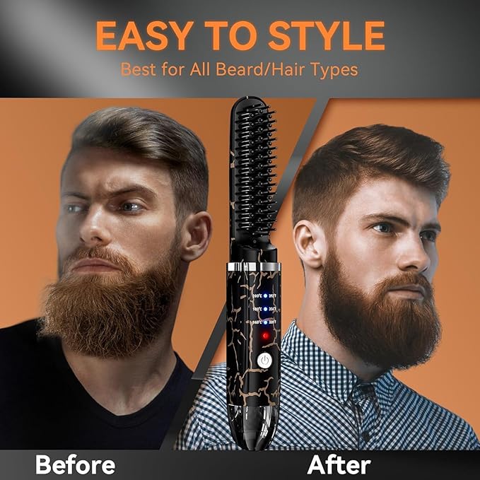 Beard Straightener for Men Cordless Heated Beard Brush Portable Beard Hot Combs Ionic Mini Hair Straightener with 3 Temp Settings Coarse Curly Hair Brush Grooming Kit for Men