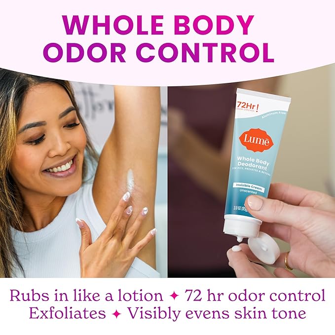 Lume Whole Body Deodorant - Invisible Cream and Solid Unscented - 72 Hour Odor Control - Aluminum &amp Baking Soda Free Skin Safe - 3 oz Cream &amp 2.6 oz Solid Bundle