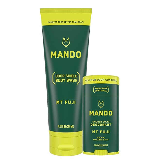 Mando Smooth Solid Stick (2.6 Ounce) + Acidified Body Wash (8.5 Ounce) - Clinically Proven to Block Odor All Day - Whole Body Safe For Pits Packages + Feet (Mt. Fuji)