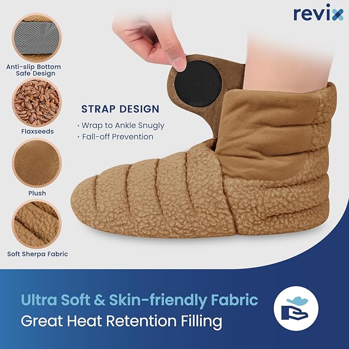 REVIX Microwaveable Booties and Feet Warmers Microwaveable Foot Warmers with Adjustable Fit &amp Non-Slip Microwavable Socks Heated Booties for Women and Men Mocha L