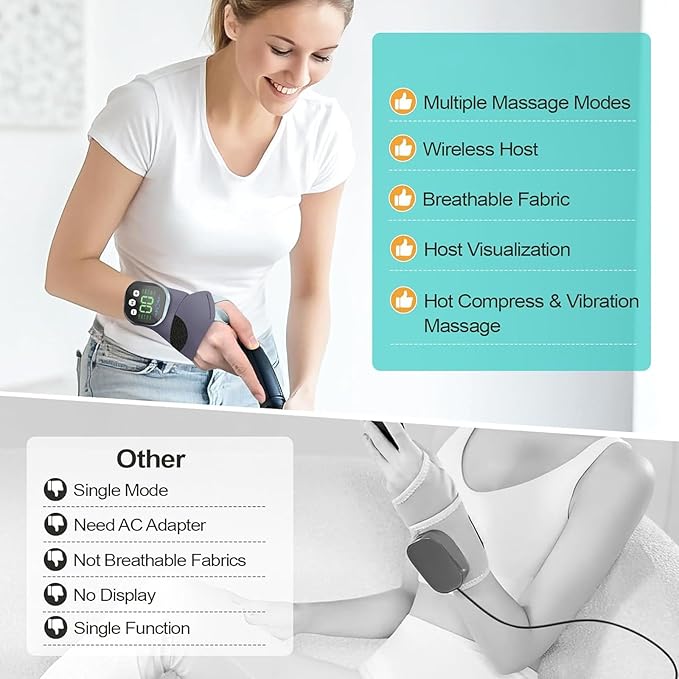 Rechargeable Adjustable Electric Wrist Massager Cordless Wrist Heating Pad with Heat 8 Massage Modes 30 Intensity Levels Wearable Hand Heating Brace for Daily &amp Sports Use (Blue)