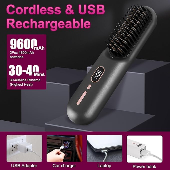Cordless Hair Straightener Brush Mini Portable Rechargeable Straightening Brush Negative Ionic Hot Comb Straightener with 12 Temp Settings Auto-Off Led Display for Women (Black)