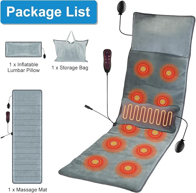 KOCASO Full Body Massage Mat with Heat with Inflatable Head Pillow Electric Vibration Massage Pad Back Massager for Chair 10 Motors 9 Modes 3 Heat Levels Lumbar Pillow for Women Men Home Office Gift