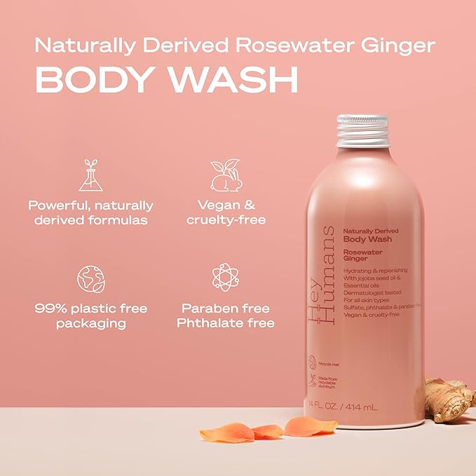 Hey Humans Rosewater Ginger Moisturizing Body Wash with Natural Ingredients &amp Jojoba Oil | Clean Vegan Sulfate Free Bath &amp Body Wash for Women | Recyclable Bottle 14 fl. oz. - Pack of 3