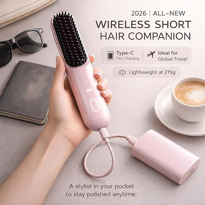 2026 New Cordless Styling Brush for Short Hair Styling ToolsHeated Brush for Short HairPortable Travel StraightenerUSB Rechargeable4 Temps Fast Heating CeramicSmooth Frizz Styling Tool (Yellow)