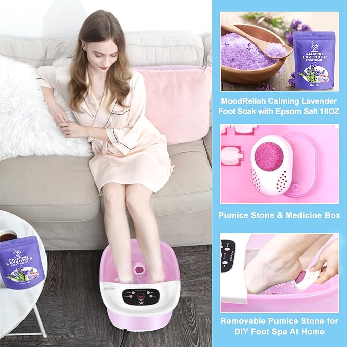 Foot Spa Bath Massager with Heat Bubbles and Vibration Massage and Jets 16 OZ Calming Lavender Foot Soak Epsom Salt Foot Soaker with Red Light 22 Massage Rollers Adjustable Temp - Pink