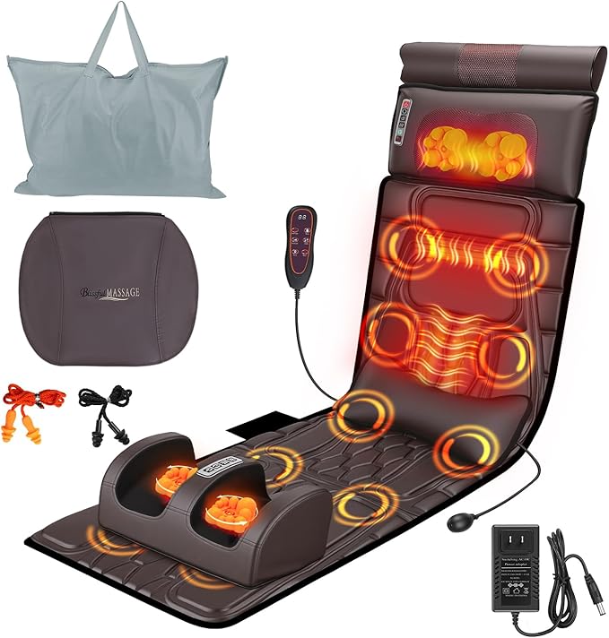 Moclever Full Body Massage Mat with HeatElectric Massage Pad for NeckBack Pain ReliefFoldable Cushion Mattress W/Timer &amp Adjustable Intensity Massager for Home or Office Use (PU Leather)