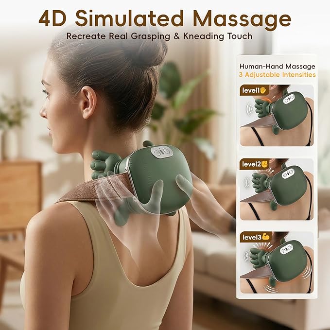 Neck Massager with Heat 4D Bionic Hand Massager Deep Tissue Neck and Shoulder Massager Portable Compact Design to Relieve Muscle Fatigue &amp Stiffness Green