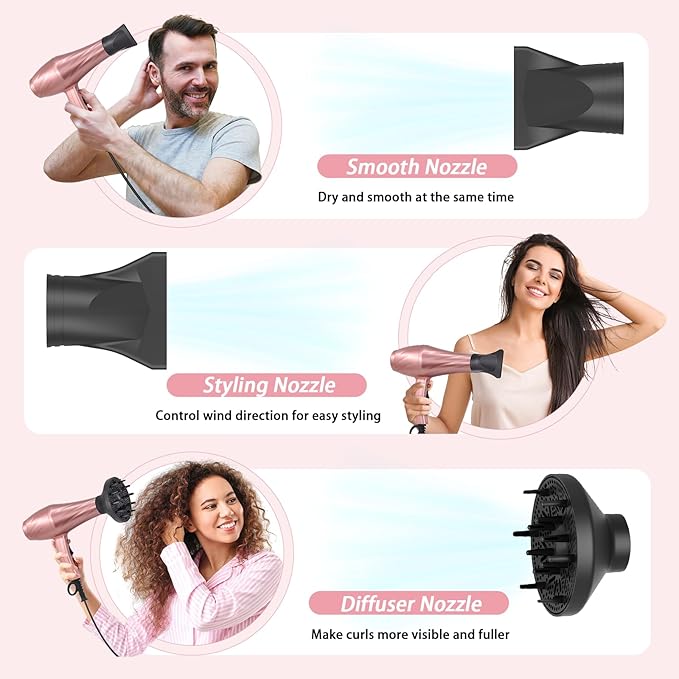 Ionic Hair Dryer2400W Negative Ion Low Noise Hair Dryer Professional Fast Drying Hair Dryers with 2 Speeds 3 Heat Settings Cooling Buttonwith Diffuser for Curly and Straight Hair（Sakura Pink）
