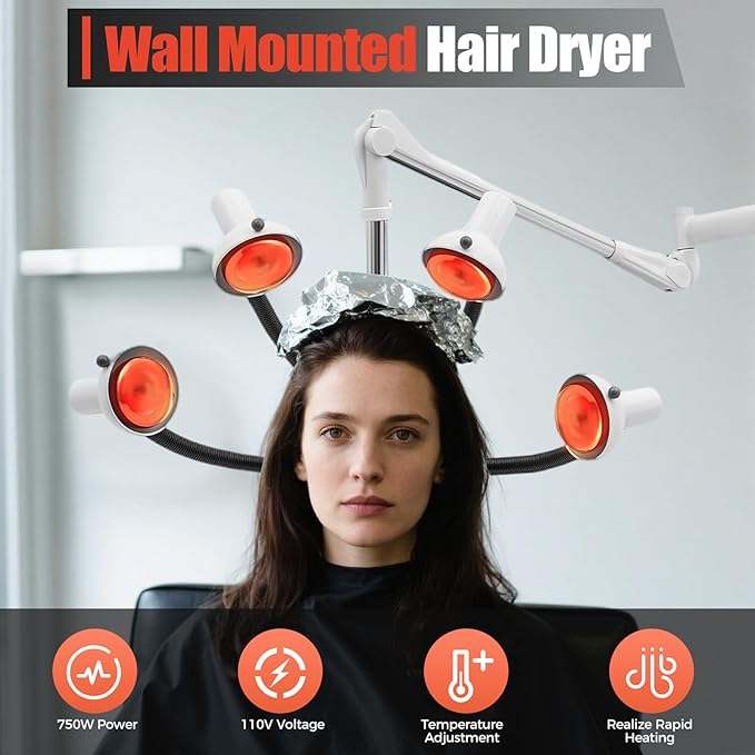 750W Professional Hair Dryer Wall Mounted Hair Dryer with Infrared Heat Bulbs 5 Head Salon Hairdressing Beauty Treatment for Hair Care Coloring Drying Baking
