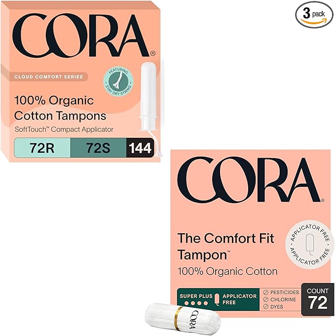 Cora Organic Feminine Care | Applicator and Non-Applicator Tampon Packs | Ultra-Absorbent Unscented Natural Non-Toxic | 72 Regular 72 Super 72 Super Plus Tampons | Bundle Pack