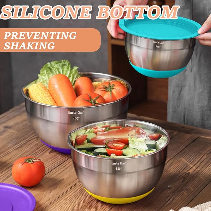 Umite Chef Mixing Bowls with Lids Set 26Pcs Colorful Stainless Steel Bowls Set Nesting Bowls with Grater Attachments Large Kitchen Bowls Set with Non-Slip Bottoms for Mixing &amp Serving