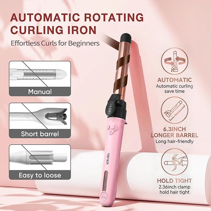ABNER Rotating Curling Iron Set Automatic Curling Wand for Long Hair Easy to Use Hair Curler Get Effortless Beach Waves 3 Sizes Ceramic Barrel 0.75 1 1.25 to 430°F with Home Button Dual Voltage