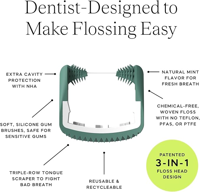 Slate Flosser Refills - Reusable Woven Floss PFAS-Free Non-Toxic Dental Floss | Fits Slate Electric Flosser w/Tongue Scraper &amp Gum Sweeps | 20-Pk Mint Nano-Hydroxyapatite (nHa) Floss Heads