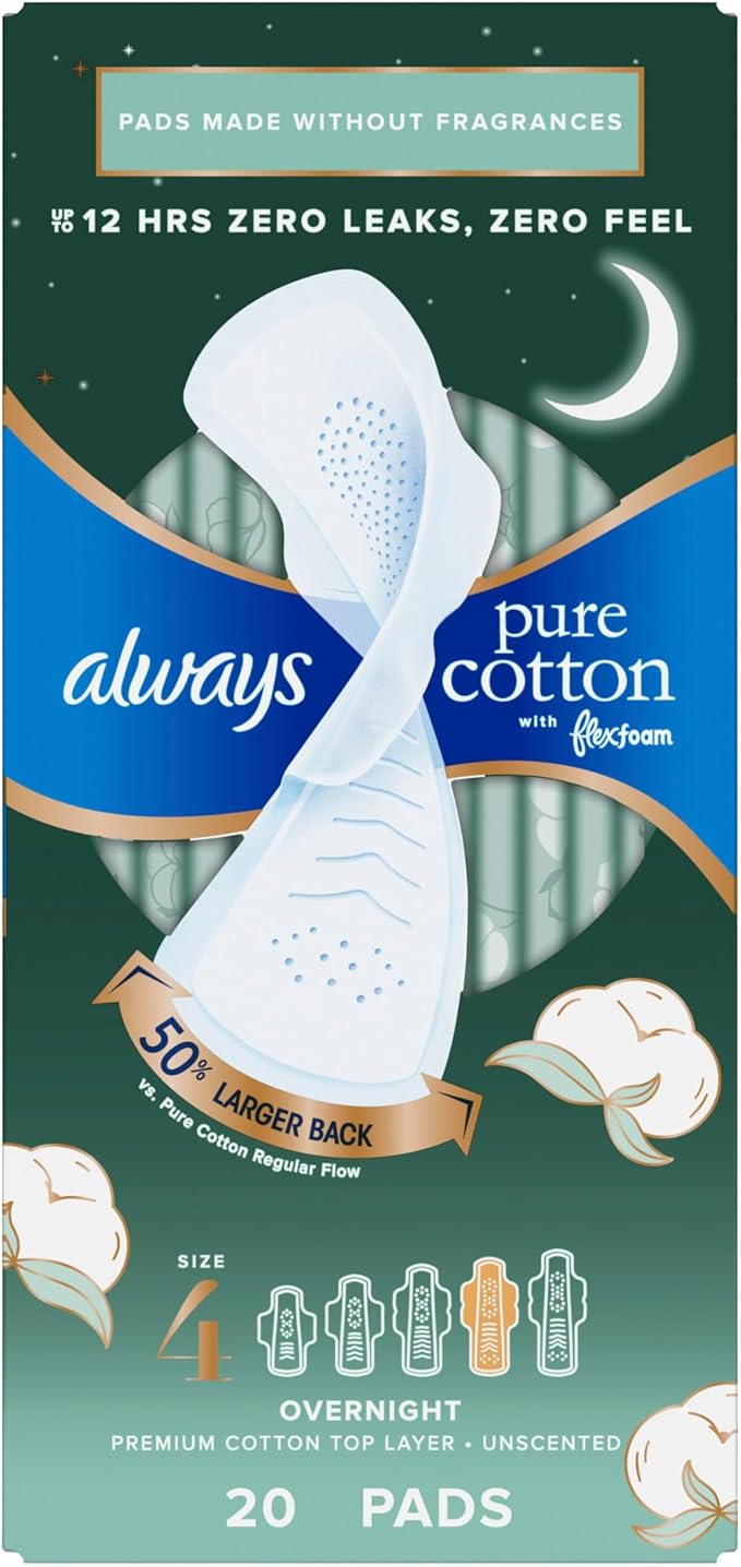 Always Pure Cotton Feminine Pads for Women FlexFoam Pads with Wings Size 4 Overnight Absorbency Unscented 60 Count (3 Packs of 20)
