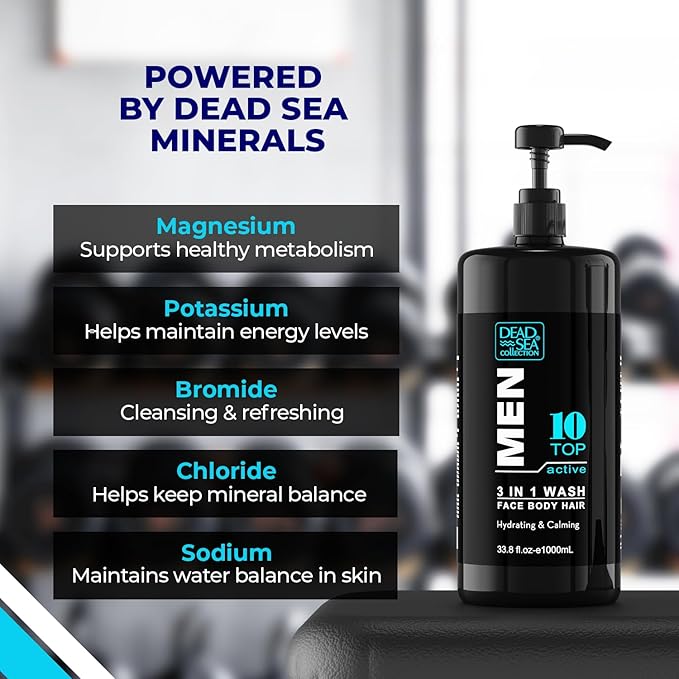 Dead Sea Collection Mens Body Wash TOP 10 ACTIVE – 3 in 1 Body Wash for Men for Hair Face &amp Body – Moisturizing Shower Gel with Dead Sea Minerals – Pack of 2 (33.8 fl oz each)