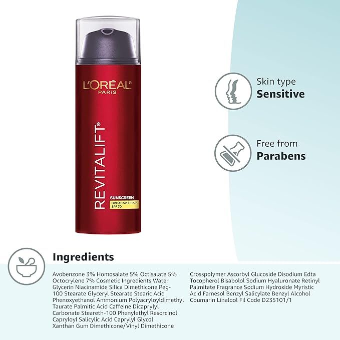 L'Oreal Paris Revitalift Triple Power Anti-Aging Broad Spectrum SPF 30 SunscreenPro RetinolHyaluronic Acid &amp Vitamin C LotionReduces Wrinkles 1.7 Oz(Pack of 2)