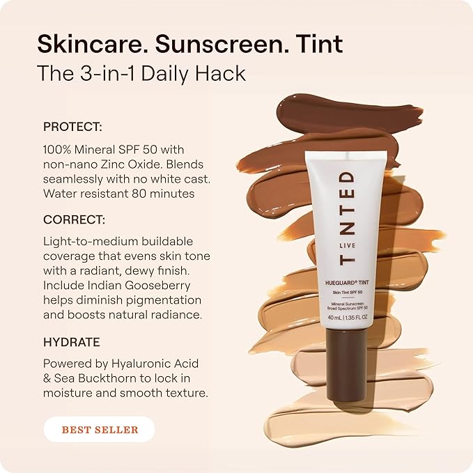 Live Tinted Hueguard Skin Tint SPF 50 - Tinted Mineral Sunscreen with Light-Medium Buildable Coverage With a Hydrating and Radiant Finish - Water and Sweat Resistant 1.35 fl oz - Shade 01