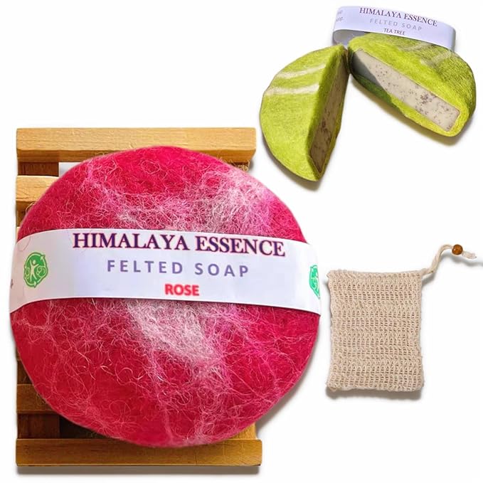 Handmade Felted Essential oil SoapHandcrafted Felted SoapUnique Bathroom DecorTibetan Yak Milk and WoolFacial Cleanser Body Wash 100g (Rose)