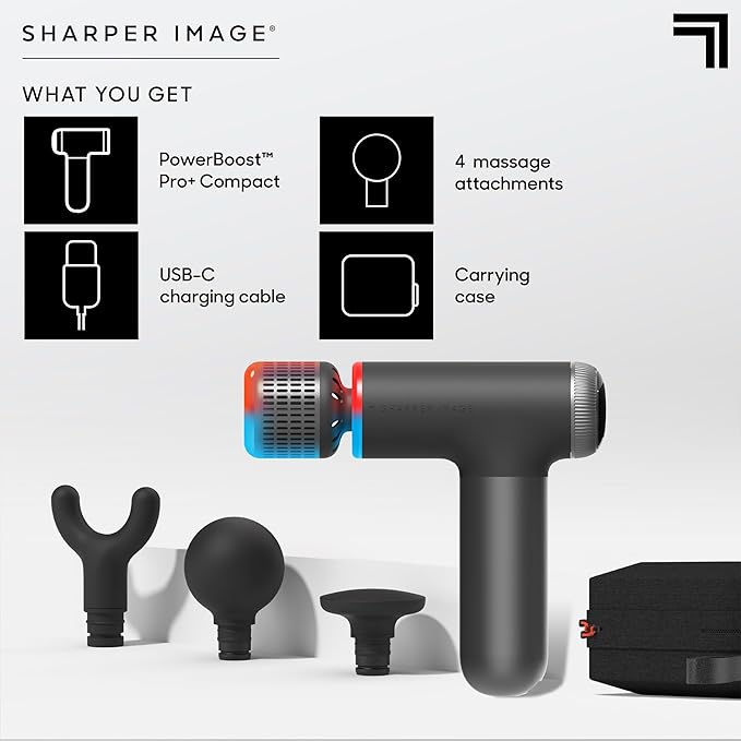 Sharper Image® Powerboost® Pro+ Hot &amp Cold Compact Deep Tissue Massage Gun - 6 Speed 4 Attachments Travel Case| Soothing Heat &amp Cold Therapy| Portable Lightweight Full Body Shoulder &amp Ba